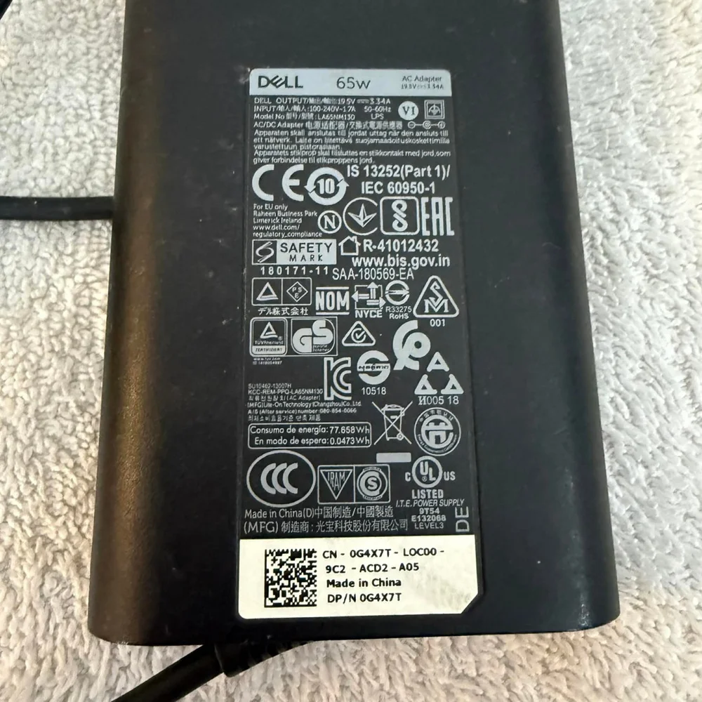 Dell 65W Black AC Adapter Laptop Power Supply One Size